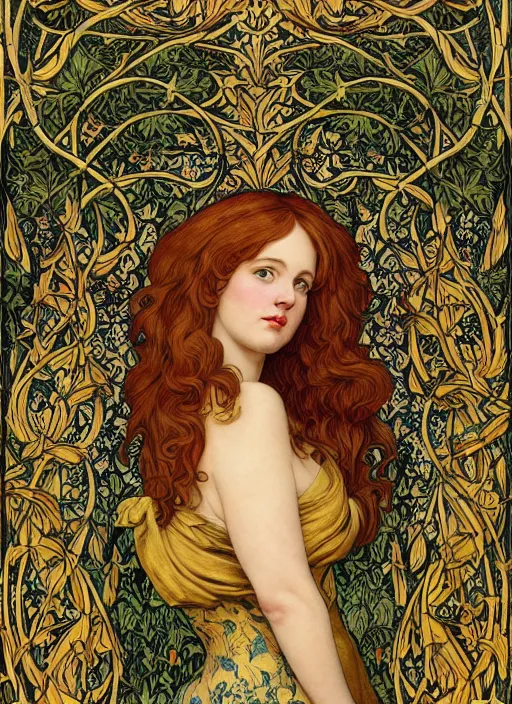 Prompt: masterpiece beautiful seductive flowing curves pinup pose preraphaelite face portrait photography, extreme closeup shot, straight bangs, thick set features, yellow ochre ornate medieval dress, amongst foliage mushroom forest arch, circle, william morris and kilian eng and mucha, framed, 4 k