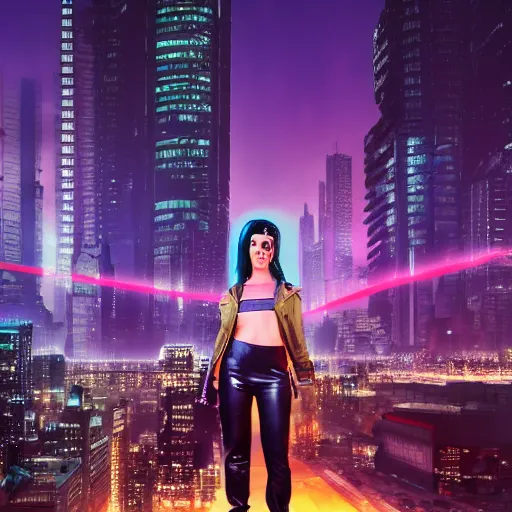 Prompt: highres photo portrait of cyberpunk girl standing on a rooftop, short purple hair with undercut, realistic body shape, wearing long leather trenchcoat and black cargo pants. night time, neon cityscape background, flying blimp with searchlights shining in the distance. 8 k high resolution