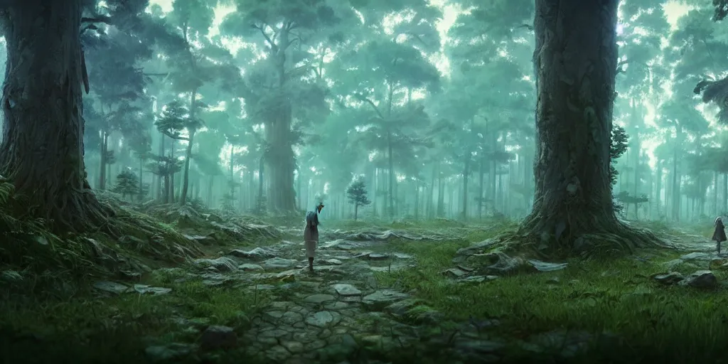 Prompt: a wholesome animation key shot of a post apocalyptic forest, covered by nature hipster vibes by studio ghibli, animation, sharp, rendered in unreal engine 5, focused, anime key art by greg rutkowski, bloom, dramatic lighting