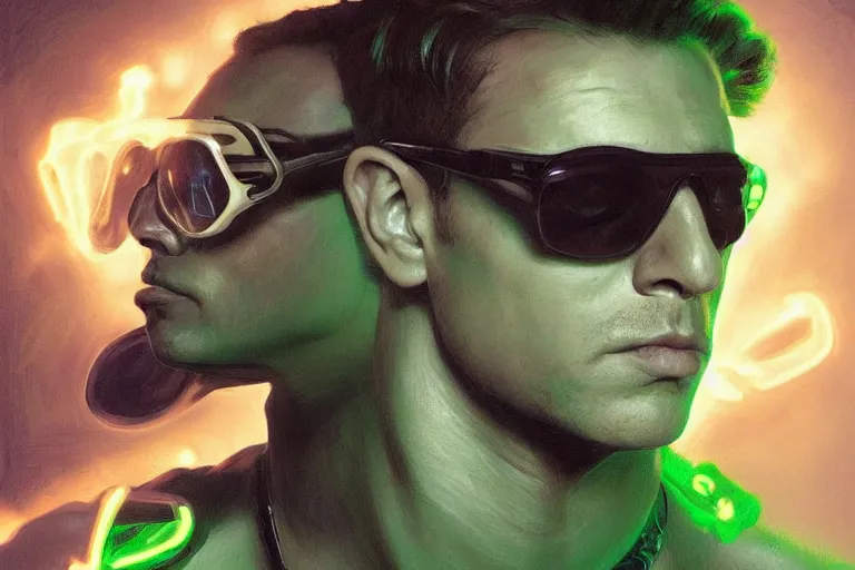 Image similar to Extremely funny portrait of a glowing translucent body glowing male police officer wearing cool shades. Green fluorescent aura around the officer, wide angle, magic, green fire, darkness, dramatic lighting, Africa, intricate, wild, highly detailed, digital painting, artstation, concept art, smooth, sharp focus, illustration, art by artgerm and greg rutkowski and alphonse mucha, footage from space camera