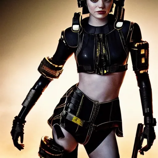Prompt: full body photo of emma stone as a cyberpunk warrior with weapons