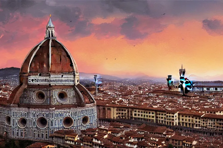 Image similar to florence santa maria del fiore at sunset by artgerm, greg rutkowski, trending on artsation, iamag digital painting, highly detailed, overdetailed, colorful