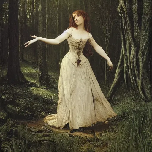 Image similar to A beautiful victorian woman, night, gothic dress, flowing hair, oil painting, portrait, magical forest, , glow, dramatic lighting, dramatic light, masterpiece, high detail, long shadow, amazing composition, detailed, painted by Caspar David Friedrich