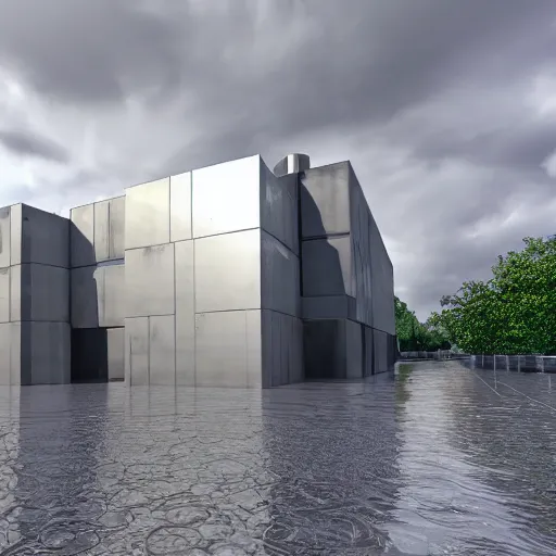 Prompt: a photorealistic 3 d render of modern architecture, two point perspective, global illumination hdri, overcast, rain puddles with realistic reflections