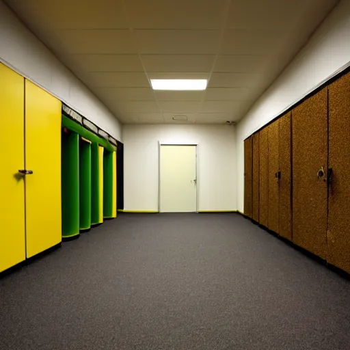 Prompt: Backrooms, old moist carpet, mono-yellow, fluorescent lights, randomly segmented rooms