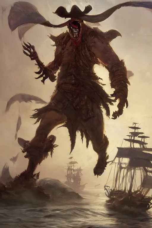 Image similar to a professional digital painting of a monster pirate with many jaws, full body, concept art, sharp detail, focused, illustration, smooth render, pirate ship in background, art style by Ruan Jia and Mandy Jurgens and Ian Spriggs and William-Adolphe Bouguerea