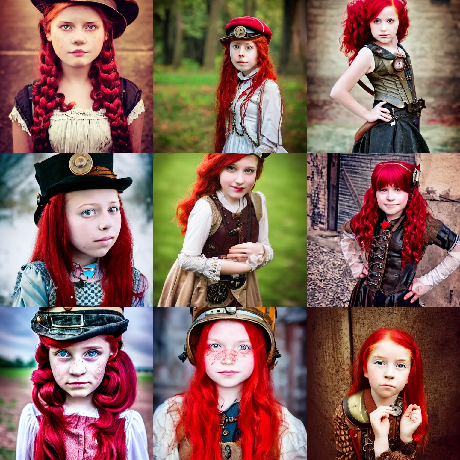 Prompt: photograph of a ten year old girl in steampunk fashion by lilia alvarado, photo, steampunk, red hair, freckles