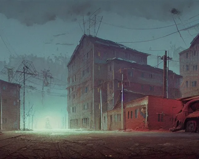 Prompt: painting of apocalyptic soviet village, by simon stalenhag, zdzisław beksinski, cory loftis, rim light, exquisite lighting, clear focus, very coherent, plain background, soft painting