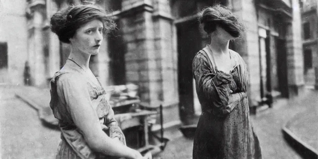 Image similar to a young red haired woman with freckles looks deeply into the camera, 1920's london street, art nouveau, style of Joel Meyerowitz, gustav klimpt, painterly