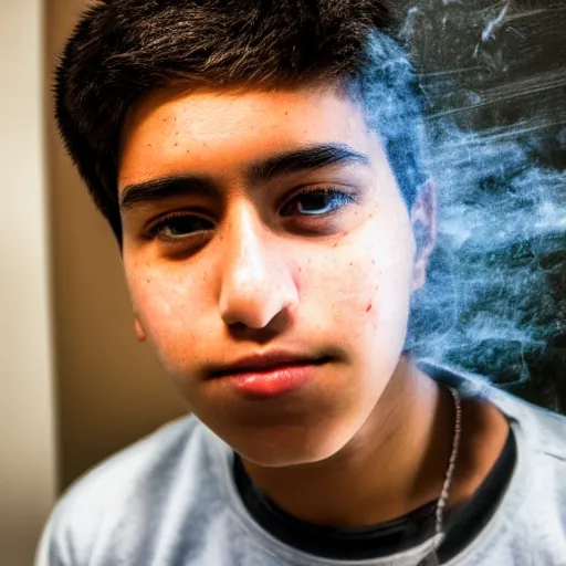 Prompt: masterpiece portrait portrait portrait portrait close-up of a photogenic cinegenic mexican teenager facing camera, low contrast, chaotic teenage bedroom, bokeh, volumetric lighting, sunny day, heat haze, perfect framing, smoke, dramatic lighting, dust particles, interior shot, f2, anamorphic lens, splendid colors, great photographers, best photos of all times, 2004, by Annie Leibovitz, by Steve McCurry, very very very very beautiful
