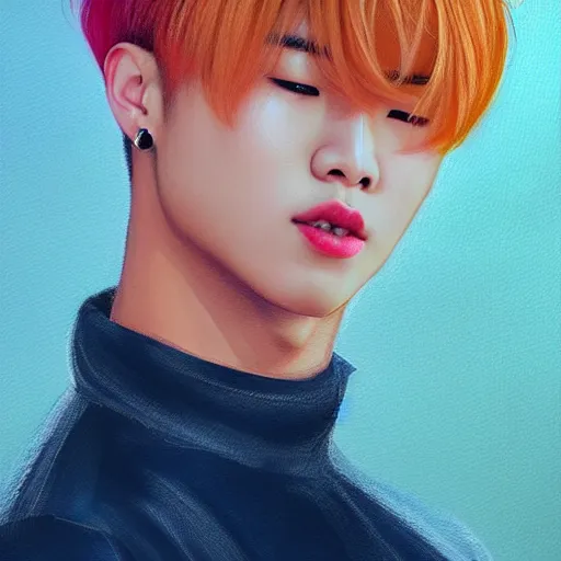 Image similar to wide angle full body portrait of Park Jimin of BTS, with a perfect face and perfect body, thin waist, plump lips, intricate, single face, wearing greek Palla, ethereal, men fall for him, short blonde hair, blue eyes, hunter eyes, highly detailed, digital painting, artstation, concept art, smooth, sharp focus, illustration, Unreal Engine 5, 8K, art by artgerm and greg rutkowski and alphonse mucha