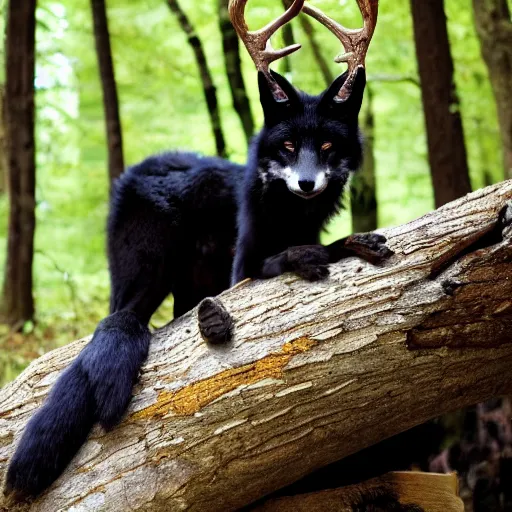 Prompt: anthro black fox with deer antlers on head sitting on a log in a fantasy forest drinking pepsi