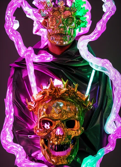 Image similar to photo of fullbodied baroque and bladerunner delicate neon diamond sculpture of seductive onyx albino marble prince zac stenmark dotado mint iridescent humanoid deity wearing black plastic trashbag hooded cloak holding hellfire skull in a onyx alien dungeon, reclining, glowing magenta face, crown of white diamonds, cinematic lighting, photorealistic, octane render 8 k depth of field 3 d