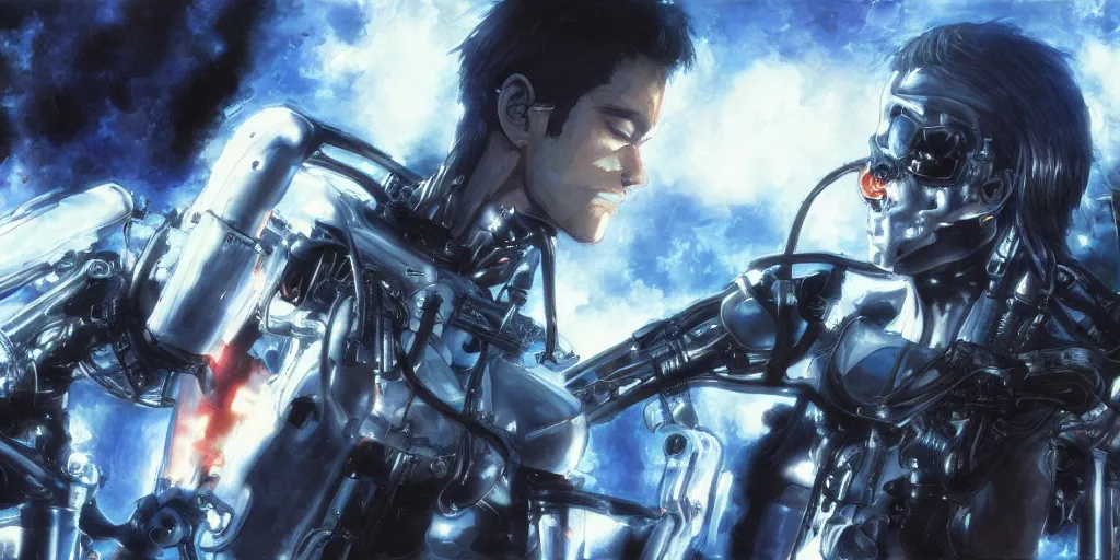 Prompt: terminator ; the most beautiful painting in the world ; by makoto shinkai