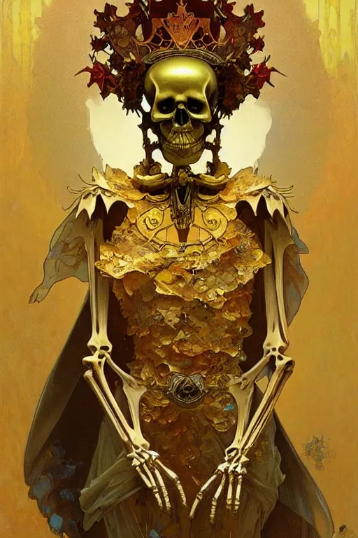 Image similar to A skeleton wearing golden mask, fantasy, crown, painting by greg rutkowski and alphonse mucha