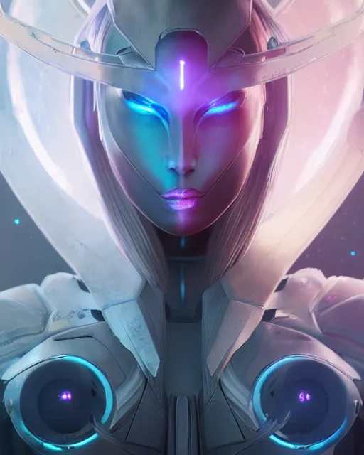 Image similar to perfect android girl on a mothership, warframe armor, beautiful face, scifi, futuristic, galaxy, nebula, raytracing, dreamy, long white hair, blue cyborg eyes, sharp focus, cinematic lighting, highly detailed, artstation, divine, by gauthier leblanc, kazuya takahashi, huifeng huang