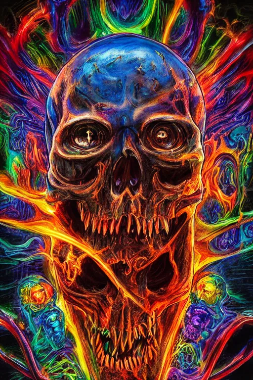 Image similar to 35 mm lens photo of chthonic scull lsd colors with sharp teeth and glowing demonic eyes and rgb background smoke, direct sunlight, glowing, vivid, detailed painting, Houdini algorhitmic pattern, by Ross Tran, WLOP, artgerm and James Jean, masterpiece, award winning painting