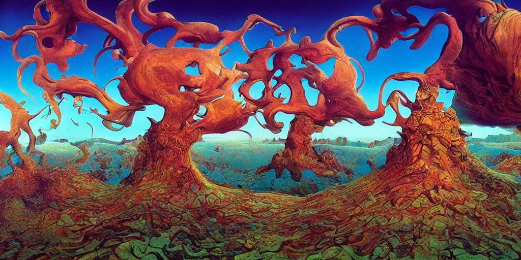 Image similar to ultrawide angle colour masterpiece surreal closeup portrait photography of surrealism by annie leibovitz and michael cheval, incredible sense of depth and perspective and clarity, weird surreal epic psychedelic complex biomorphic 3 d fractal landscape in background by kilian eng and roger dean and giger and salvador dali and beksinski, 8 k