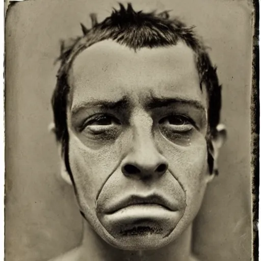 Prompt: close up photo portrait of a 19th century young ugly clean-face brutal male angry gangster with scars by Diane Arbus and Louis Daguerre