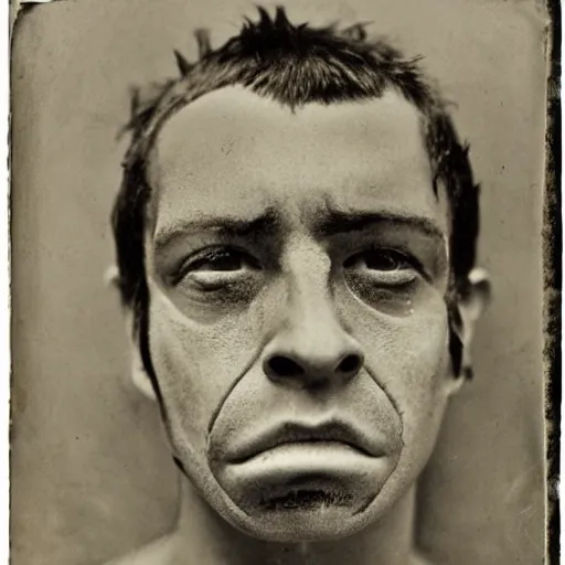 Image similar to close up photo portrait of a 19th century young ugly clean-face brutal male angry gangster with scars by Diane Arbus and Louis Daguerre