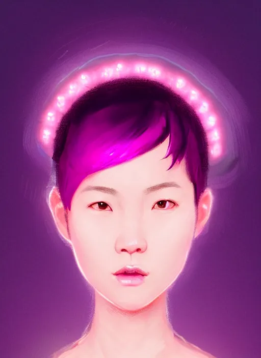 Image similar to portrait of chinese girl with bright pink hair, curly pixie cut hair, wearing a purple cap, breton cap, intricate, elegant, glowing lights, highly detailed, digital painting, artstation, concept art, smooth, sharp focus, illustration, art by wlop, mars ravelo and greg rutkowski