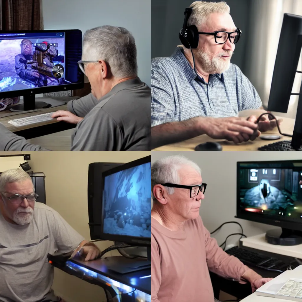 Prompt: a large old man with glasses streaming FPS game on his PC,