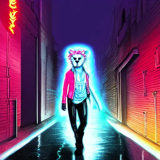 Prompt: digital painting of a teenage Synthwave aesthetic albino lion in a dark rainy cyberpunk alleyway while holding a long dagger and wearing a dark cyan neon glowing black cloak reflecting on the wet pavement trending on artstation, cinematic lighting