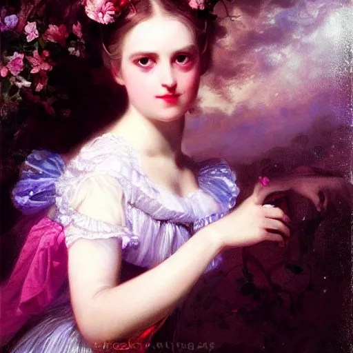 Image similar to Alice in Wonderland,a portrait of a beautiful Silver hair girl,Diamonds Blaze,Rose twining,luxuriant,dreamy, eternity, romantic,highly detailed,in the style of Franz Xaver Winterhalter, highly detailed,night lighting