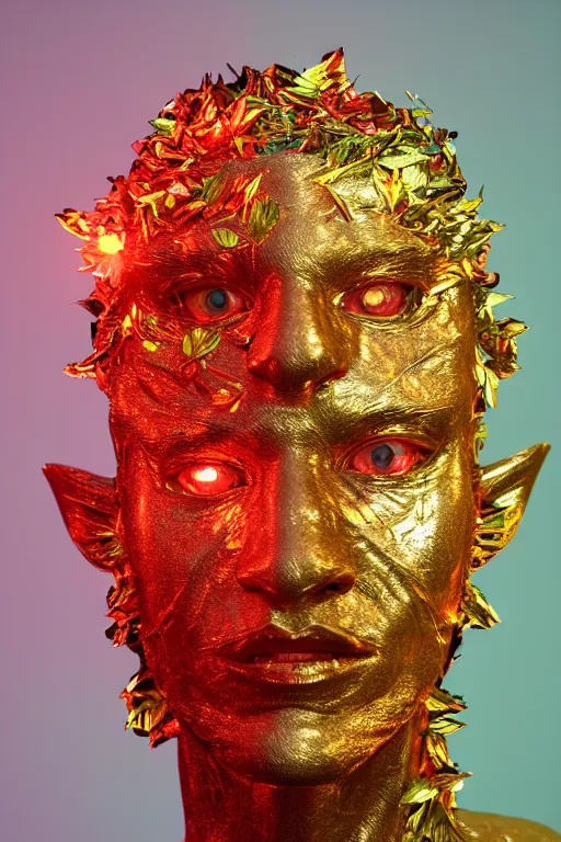 Prompt: hyper detailed ultra sharp portrait of baroque and bladerunner delicate neon ruby sculpture of seductive albino brazilian prince tigers orange radioactive humanoid deity wearing metallic hoody made out of leaves holding the sun prismatic dungeon, glowing rainbow face, crown of white diamonds, cinematic lighting, photorealistic, octane render 8 k depth of field 3 d