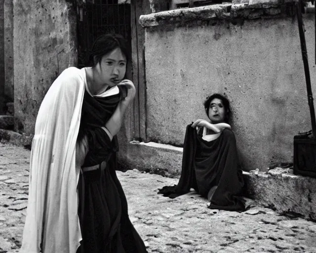 Prompt: Sappho chilling in the streets of Ancient Greece, candid, 35mm film, by Fan Ho