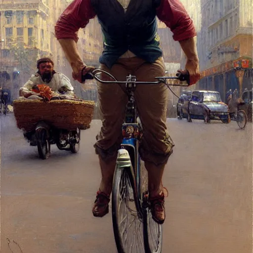 Image similar to uber eats delivery driver on a bicycle, very defined and highly detailed painting by gaston bussiere, j. c. leyendecker, craig mullins 8 k