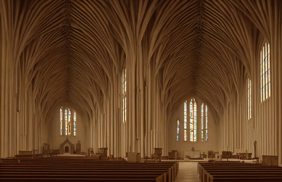 Image similar to in this church interior, vertical lines suggest spirituality, rising beyond human reach toward the heavens. low polygon count cloister quadrangle intact flawless ambrotype from 4 k criterion collection remastered cinematography gory horror film, ominous lighting, evil theme wow photo realistic postprocessing magic painting by rob gonsalves directed by kurosawa