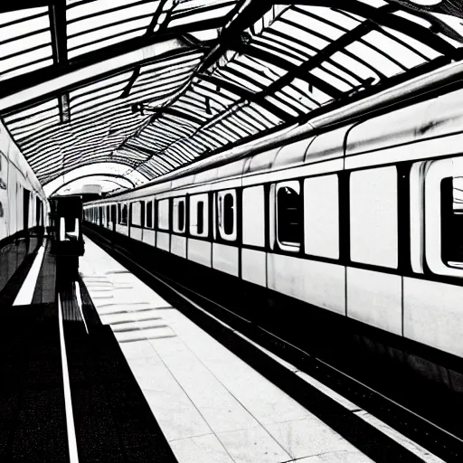 Image similar to a beautiful train in a station, minimalist style, elegant, dramatic contrast, minimal art by ariel sun, black and white ink, trending on artstation hq