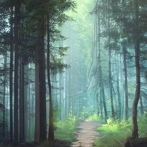 Image similar to An incredibly diverse forest, the light shoots through the trees from the sun, a walking path through the side, in the style of Hayao Miyazaki