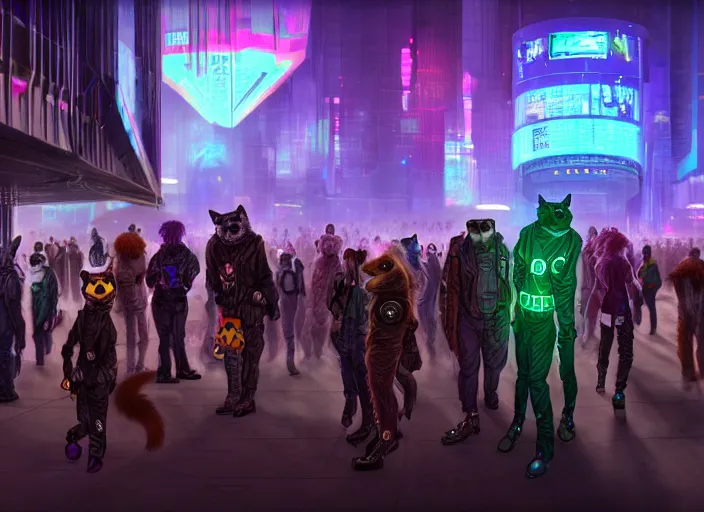 Image similar to high - resolution photograph from a cyberpunk era furry fandom convention ( midwest furfest 2 0 4 7 ), taking place after the genetic revolution and quantum singularity. photorealistic.