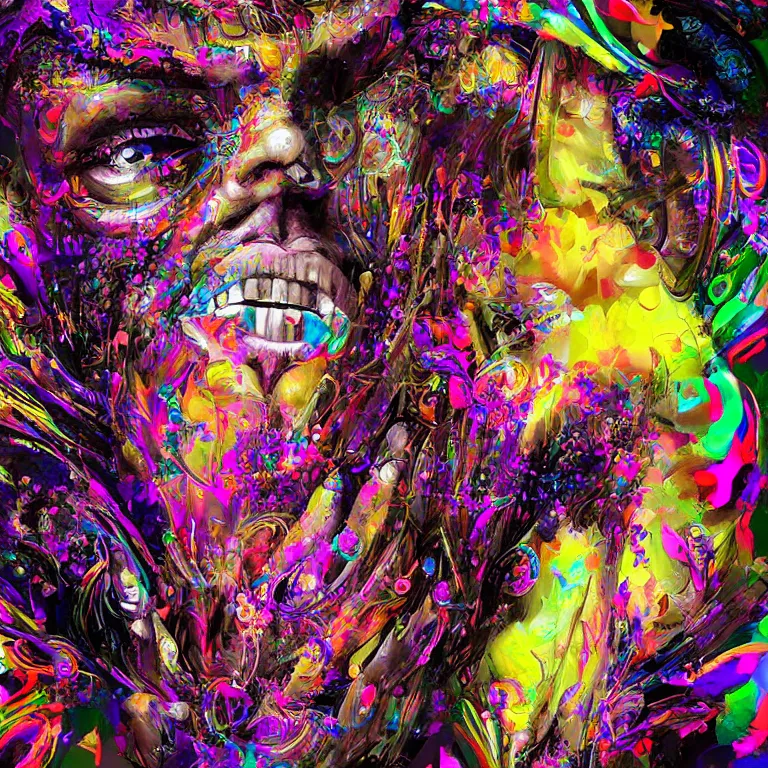 Image similar to hyper-maximalist overdetailed cinematic half portrait half collage pesudofigurative digital illustration by archan nair inspired by works of hakan hisim. Dramatic lights. Psychedelic visionary artwork. Zenith view. Seen from below.