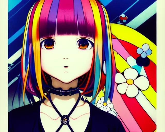 Image similar to takashi murakami, ilya kuvshinov illustration colorful anime portrait of reol, murata range, blue submarine no 6, manga, fine detail, perfect anime face, dramatic lighting, dynamic composition, moody, vivid, alphonse mucha, fine stippled lighting, grain, art deco, cel shading, yoshinari yoh, last exile