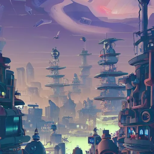 Image similar to painting overpopulated sci - fi steampunk city being built by happy construction robots on sea of thieves game avatar hero smooth face median photoshop filter cutout vector, behance hd by jesper ejsing, by rhads, makoto shinkai and lois van baarle, ilya kuvshinov, rossdraws global illumination