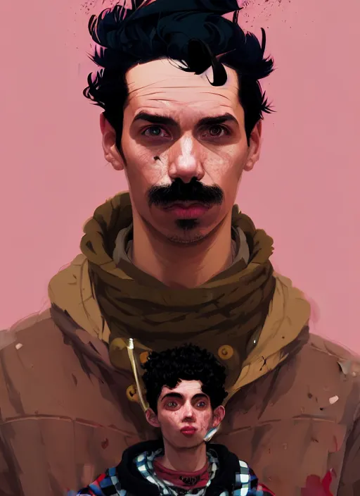 Image similar to highly detailed portrait of a sewer punk guy worker, thirties, black hair, brown eyes, small mustache, tartan hoody, short curly hair by atey ghailan, by greg rutkowski, by greg tocchini, by james gilleard, by joe fenton, by kaethe butcher, gradient pink, brown, light blue and white color scheme,