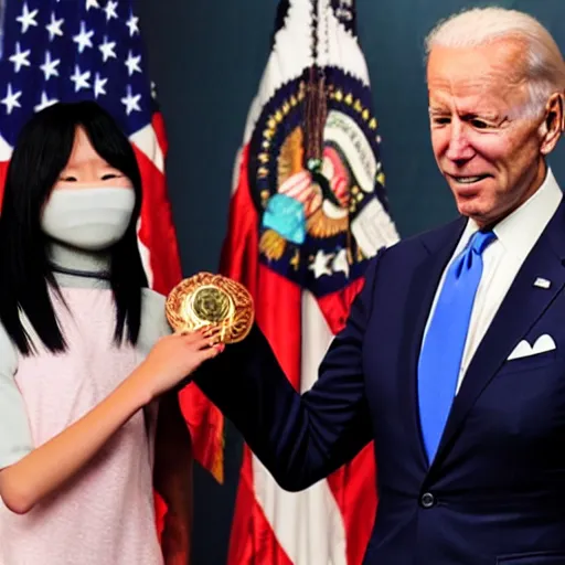 Image similar to joe biden giving asuka the medal of honor, photograph by, 4 k