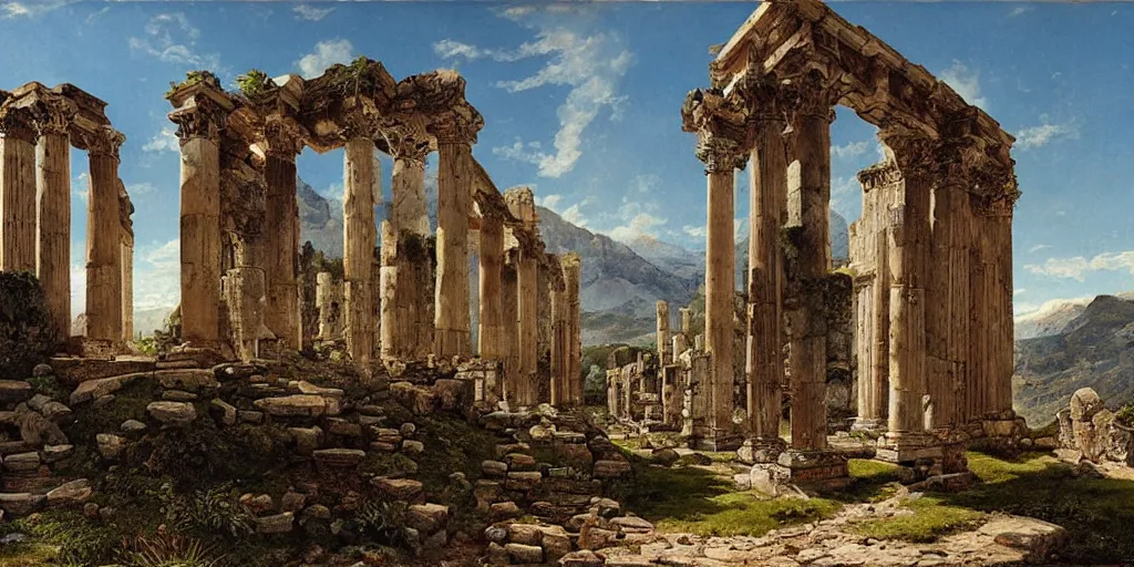 Prompt: roman ruins in mountains by ferdinand knab,