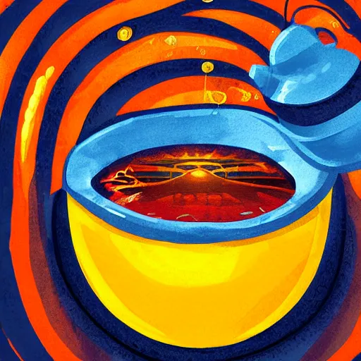 Prompt: boiling imagination in a bowl, super cute, ultra detailed, digital painting, dark blue, yellow, orange, red