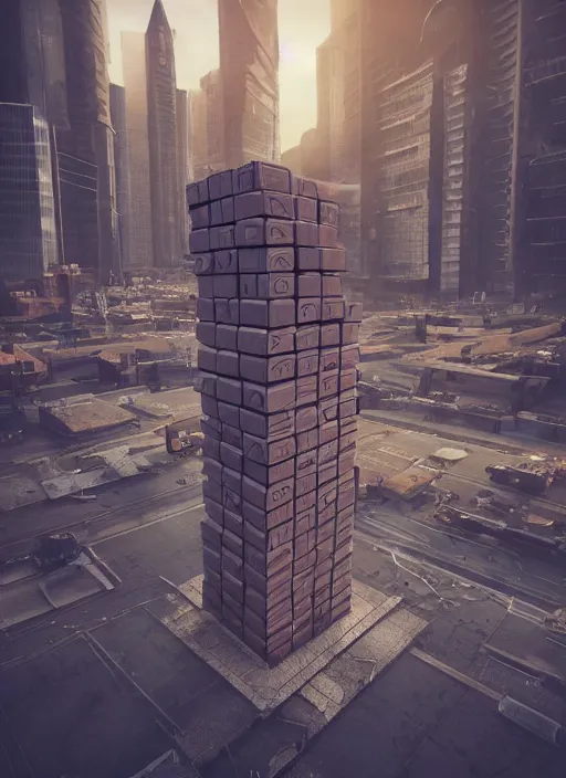 Image similar to A dystopian future in a city made of life-size Jenga blocks, evil, demonic, angelic, environment concept, Rendered in Octane, trending on artstation, cgsociety, moody lighting rendered by octane engine, environment 8K artstation, cinematic lighting, intricate details, 4k detail post processing, hyperealistic, octane render, photo realism