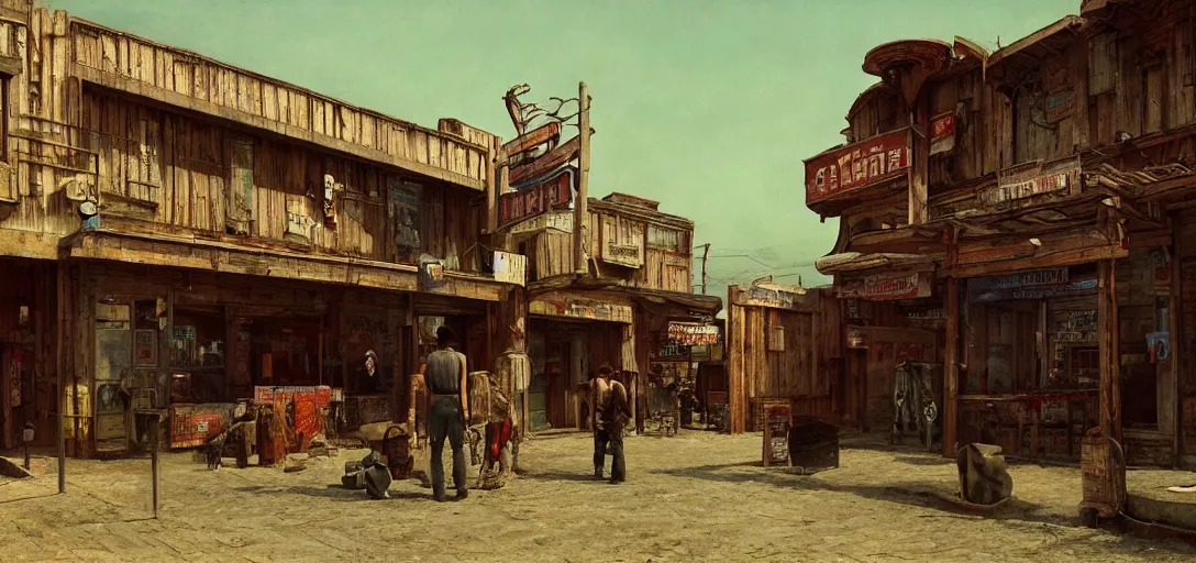 Prompt: from a movie scene, painting of a cyberpunk western saloon exterior in old town, beksinski, gregory crewdson, cinematic wide shot