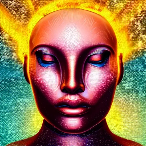 Prompt: an intricate, detailed face of an android, golden translucent skin with water drops on it, dramatic sunset lighting, synthwave colours, trending on artstation, art nouveau