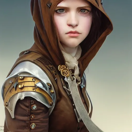 Prompt: portrait of a hooded young female steampunk fighter, headshot, hyper realistic, pale skin, 4k, rule of thirds, extreme detail, detailed drawing, trending artstation, hd, fantasy, D&D, realistic lighting, by Alphonse Mucha, Greg Rutkowski, sharp focus, backlit, elegant