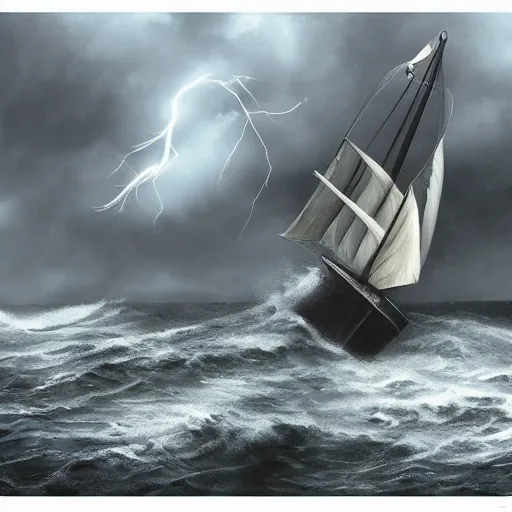 Prompt: sailboat in stormy waters, dark clouds, huge waves, gloomy, overcast, moody atmospheric, storm clouds, lightning illuminating sails, concept art, detailed, artstation award