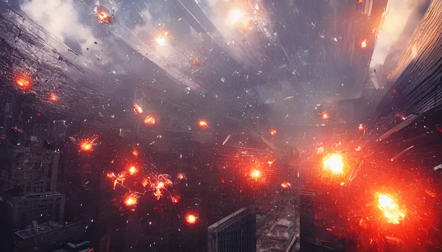 Prompt: metallic spheres falling from the sky and destroying chicago, explosion, destruction, fire, hyperdetailed, artstation, cgsociety, 8 k