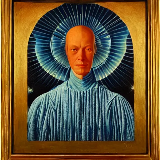 Image similar to Portrait of an elegant cosmic robotic angel. Painting by Jan van Eyck, Audubon, Rene Magritte, Agnes Pelton, Max Ernst, Walton Ford