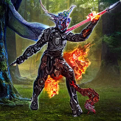 Prompt: half-cyborg human hero warrior with a flaming sword fighting off a winged draconoid demon in a magical forest, in an elven urban area. Fantasy style, photorealistic, 55mm lens